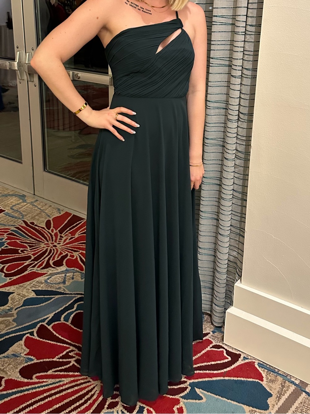Lulu's Teal One-Shoulder Chiffon Evening Gown